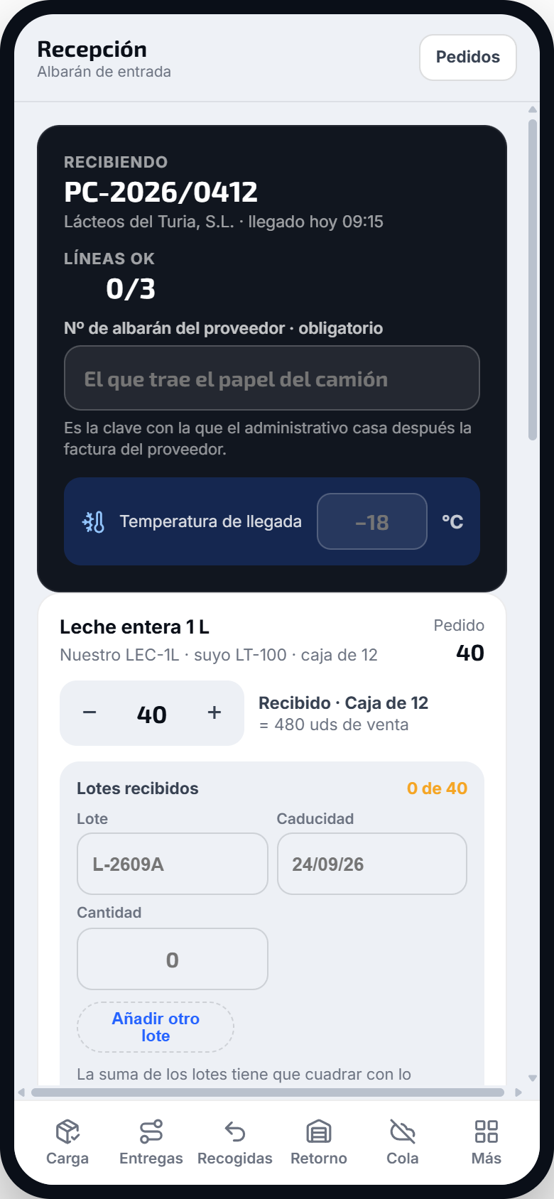 Terminal de almacén: recepción de albarán